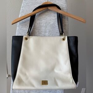 Lauren Ralph Lauren Leather Tote Cream Black Colorblock Shoulder Bag